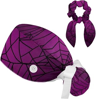 FVQL 2 Pieces Surgical Cap for Long Hair Scrub Cap with Hairband Nurse Cap, Halloween Spider Web Pattern