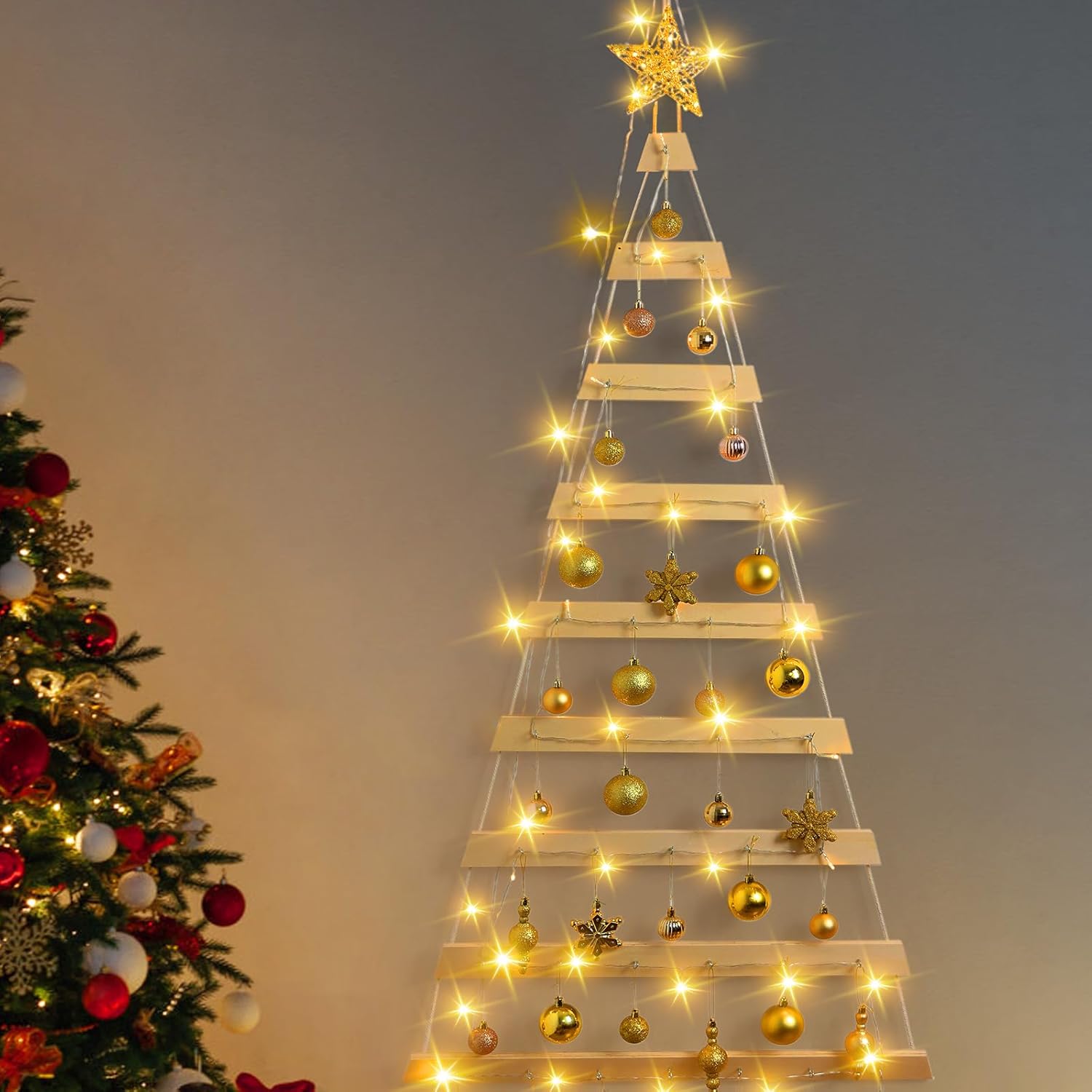 VAIPI 60 in Wall Hanging Christmas Tree with Lighted Christmas Wall Decor Wooden Flat Hanging Xmas Tree for Holiday 60'' x 30''