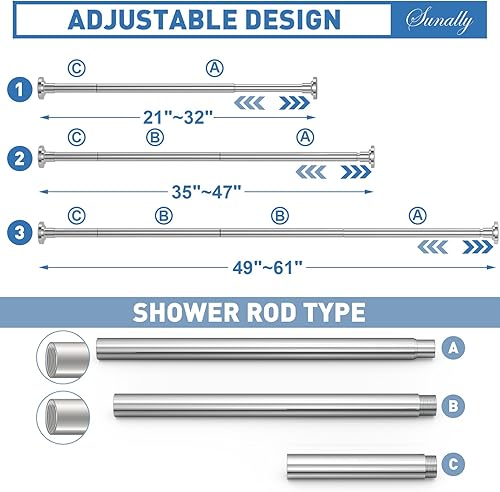 Shower Curtain Rod Adjustable 32-75 Inch, Spring Tension Shower Rods Stainless Steel Telescoping Curtain Rod for Bathroom or Windows, No Drilling, No Slip, No Rust, Black(Chrome,32-61 Inch)