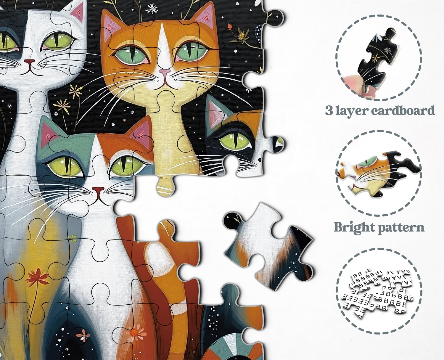Colorful Cats Puzzles for Adults 1000 Pieces, Cute Folk Art Kitten Floral Night Garden Jigsaw Puzzle, Challenging Artistic Animal Puzzle as Home Wall Decor image 4