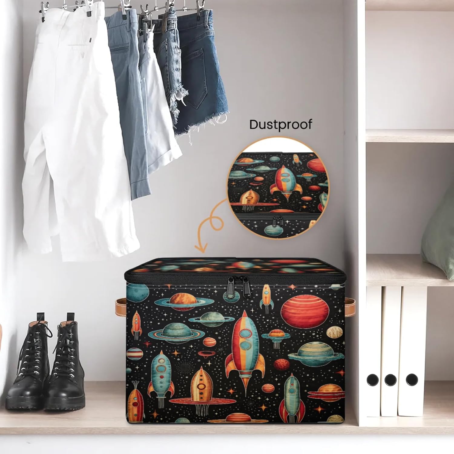 Storage Bin Set of 2 Galaxy Rocket Storage Basket with Zipper Lid & Handle Foldable Closet Shelf 2 Pack Cloth Organizer Basket Cube Bins Clothes Organizer for Nursery, Bedroom