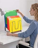 Vista 6 de HULISEN Inclined Desk File Organizer, 5-Section Vertical File Folder Holder Stand, Metal File Sorter Rack with Wooden Base, Desktop File Organizer