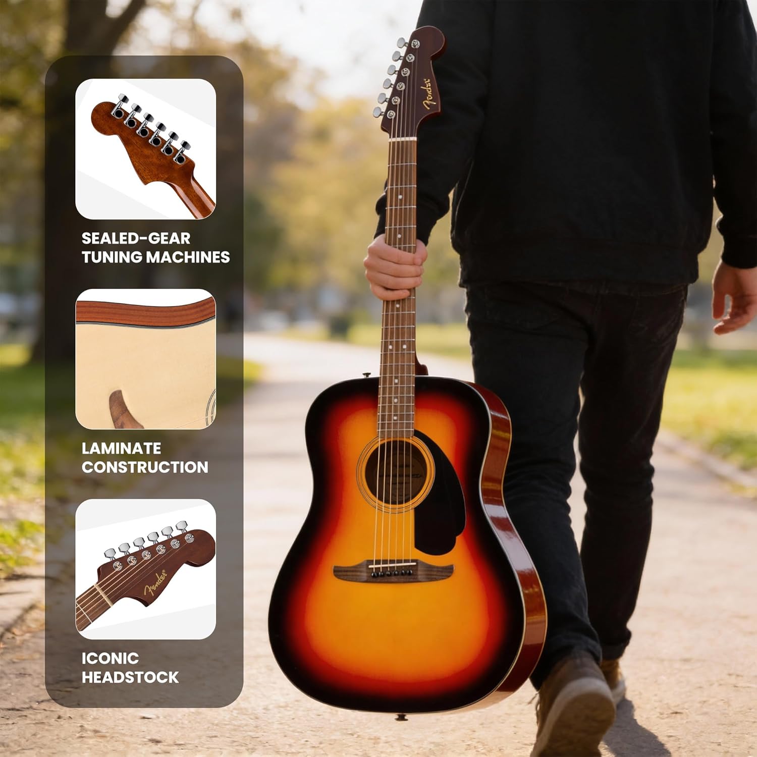 Fender California Standard Redondo Acoustic Guitar - 3-Color Sunburst Bundle with Gig Bag, Tuner, Strap, Strings, Picks, and Austin Bazaar Instructional DVD