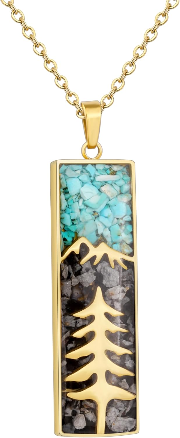Turquoise Chips Mountain Necklace Pine Tree Necklace, Tiny Mountain Forest Nature Wilderness Trees Stainless Steel Necklace Inspirational Gifts for Women Skiers, Hikers, Climbers and Nature Lovers