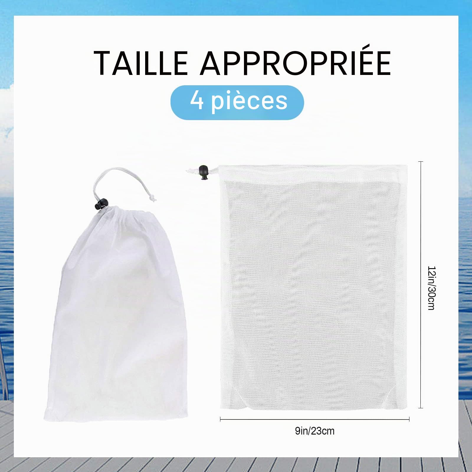 4 sacs de nettoyage de piscine, sacs filtrants en maille fine pour aspirateur de piscine, sacs en maille avec cordon de traction et de verrouillage pour le nettoyage des feuilles de piscine