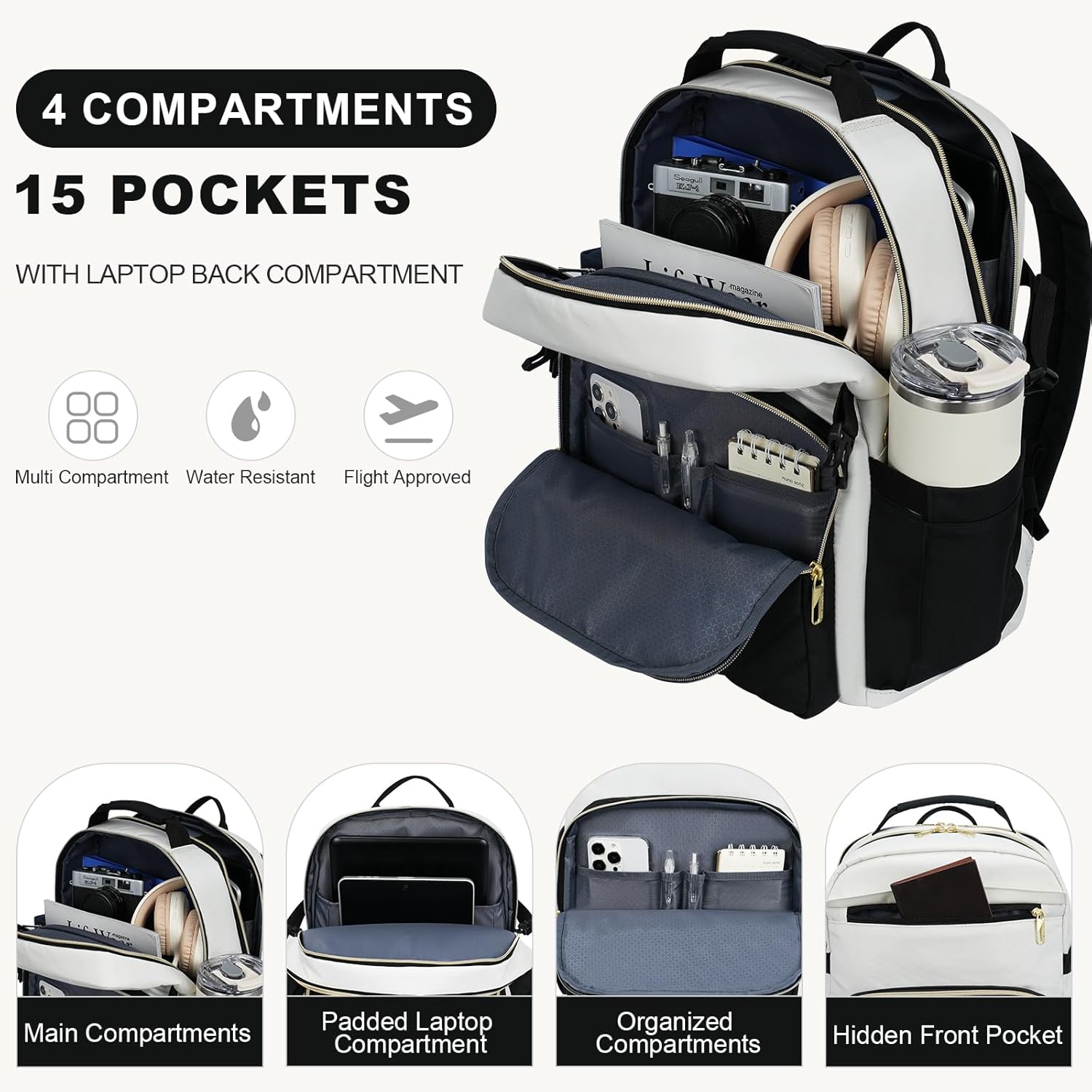 VANKEAN Laptop Backpack for Women with Giant Tumbler Holder Pocket,17.3 inch School College Book Bag Nurse Teacher Backpack,Waterproof Work Travel Backpack Purse Laptop Computer Bag, Bags Beige-Black