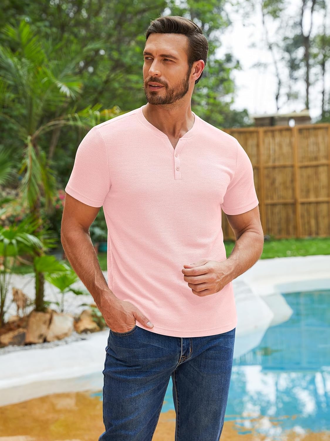 RQP Men's Henley Shirts Short Sleeve Waffle Stretch T Shirts Summer Casual Stylish Tops - Image 3