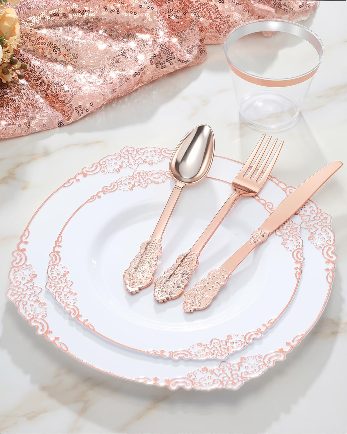 Goodluck 350 Piece Rose Gold Plastic Dinnerware Set for 50 Guests,Fancy Disposable Plates,Include: 100 Rose Gold Rim Plastic Plates,150 Silverwares,50 Pre Rolled Napkins,50 Cups for Party,Wedding - Image 4