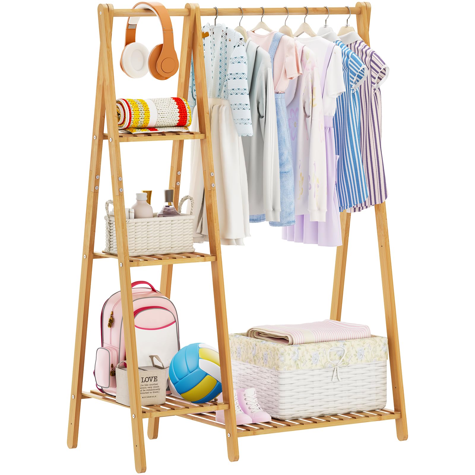 Small Clothes Racks Kids Clothes Hanging Rack Bamboo Wood Clothing Garment Rack with Shelves Free Standing Corner Dress