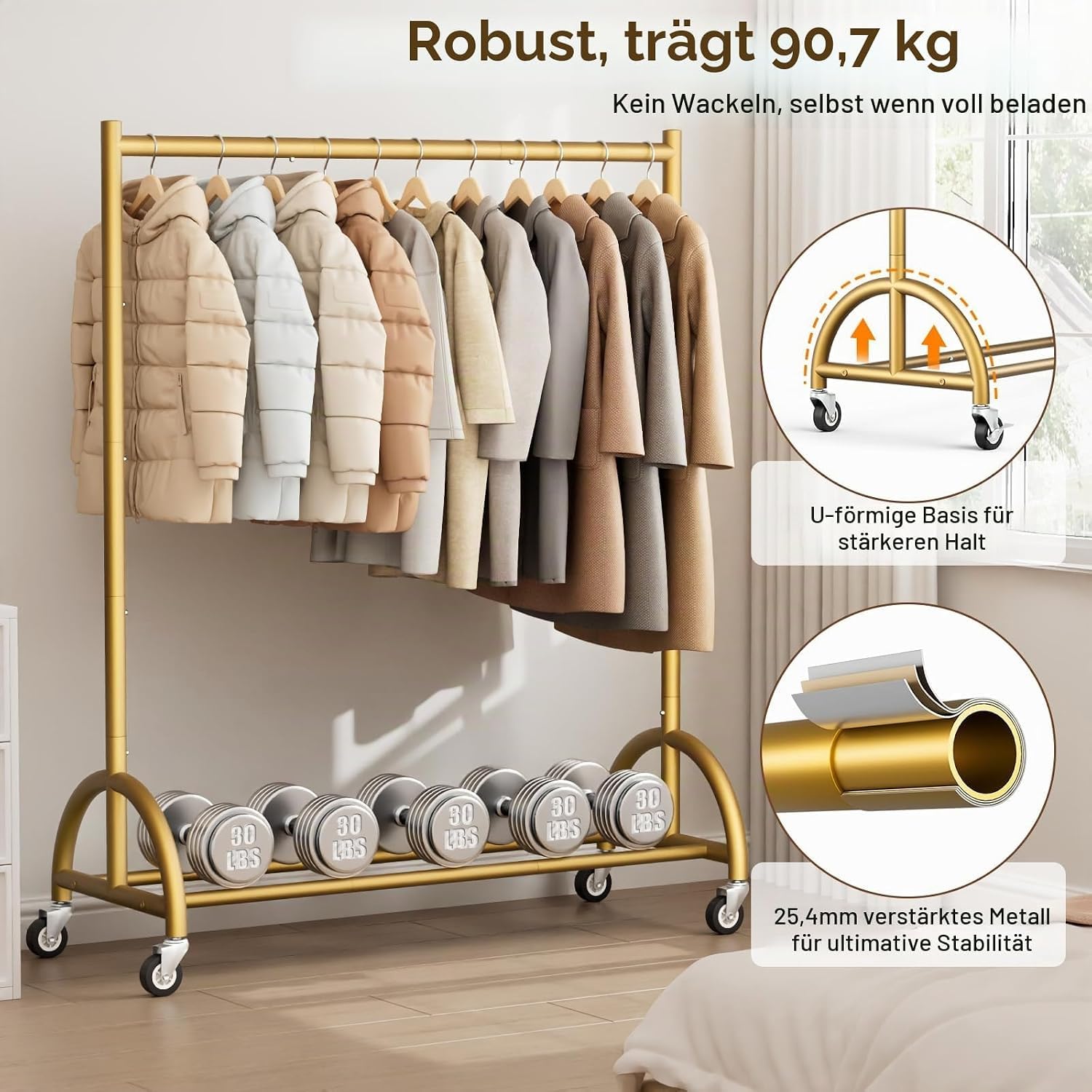 MISSLO Perchero pesado con ruedas - Perchero móvil para colgar vestidos, chaquetas y blusas - Perchero estable sobre ruedas, diseño industrial en oro