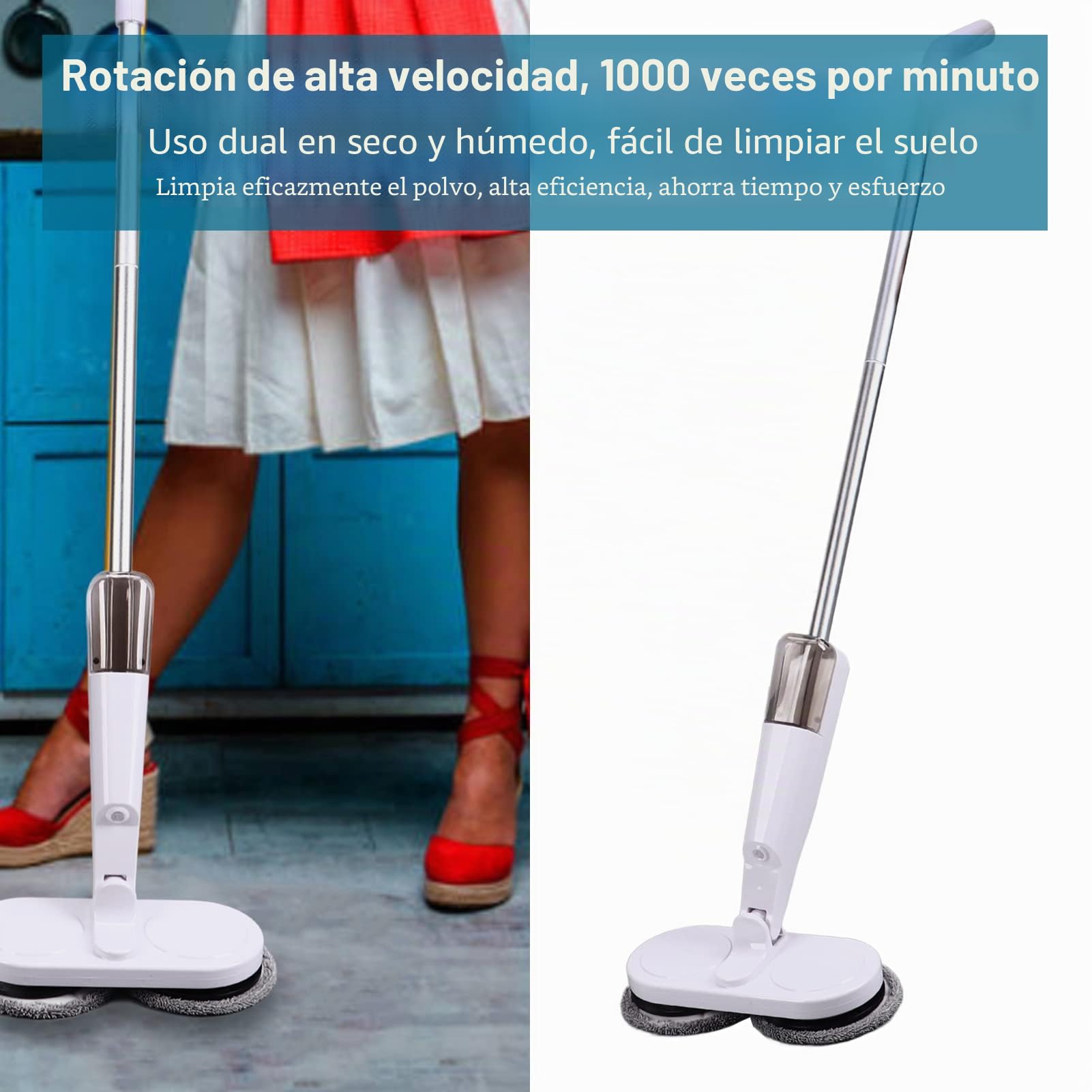 Fockety Fregona Eléctrica Inalámbrica, Fregona Giratoria Eléctrica Multiusos en Seco Húmedo, Ligera, Recargable por USB, 4 Almohadillas para Fregona, Fregona Giratoria Eléctrica, Limpiador