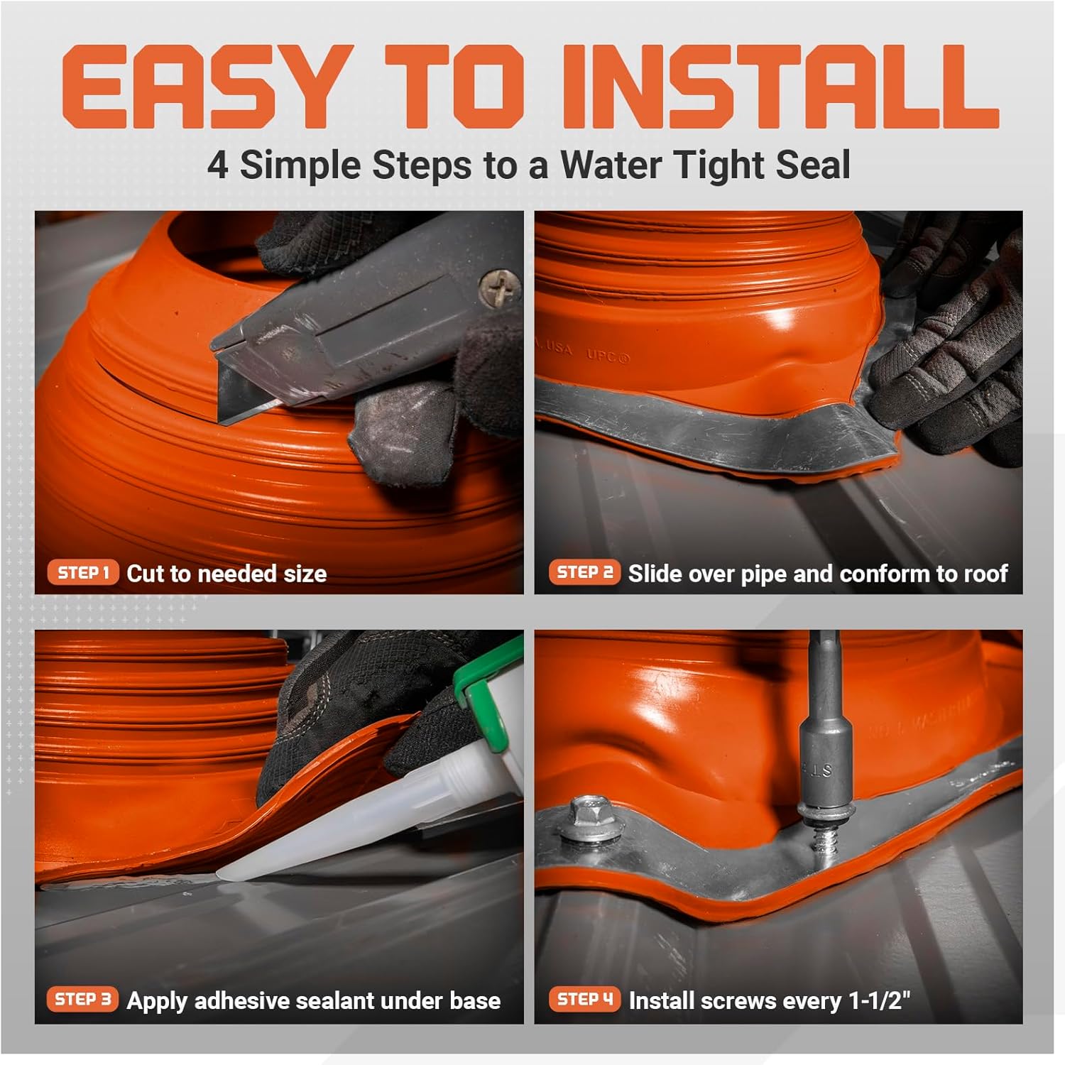 Fasteners Plus #7 Square Silicone Metal Roof Pipe Flashing Boot with Complete Install Kit (Made in USA), Fits 5-1/2” - 11-1/2” Pipe OD, Red