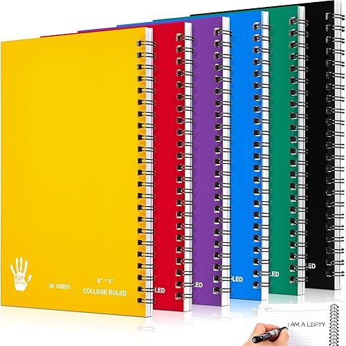 Paquete de 6 cuadernos de espiral zurdos con alambre zurdo, 8 x 5, 50 hojas, diario de papel con rayas anchas para la escuela (colores surtidos)