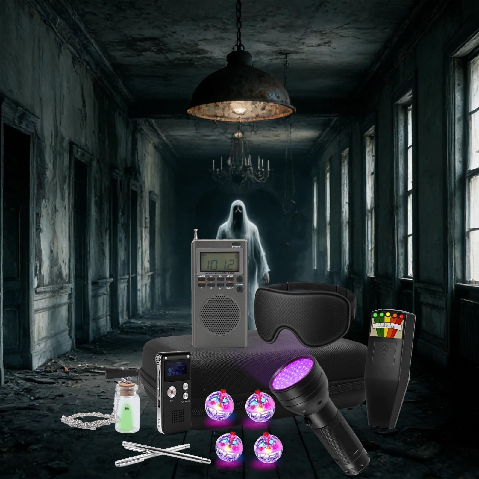 Geisterjagdausrüstung Starter-Set, EMF-Messgerät & bewegungsaktivierte Katzenbälle, tragbares Geisterdetektor-Set mit LED-Leuchtbällen
