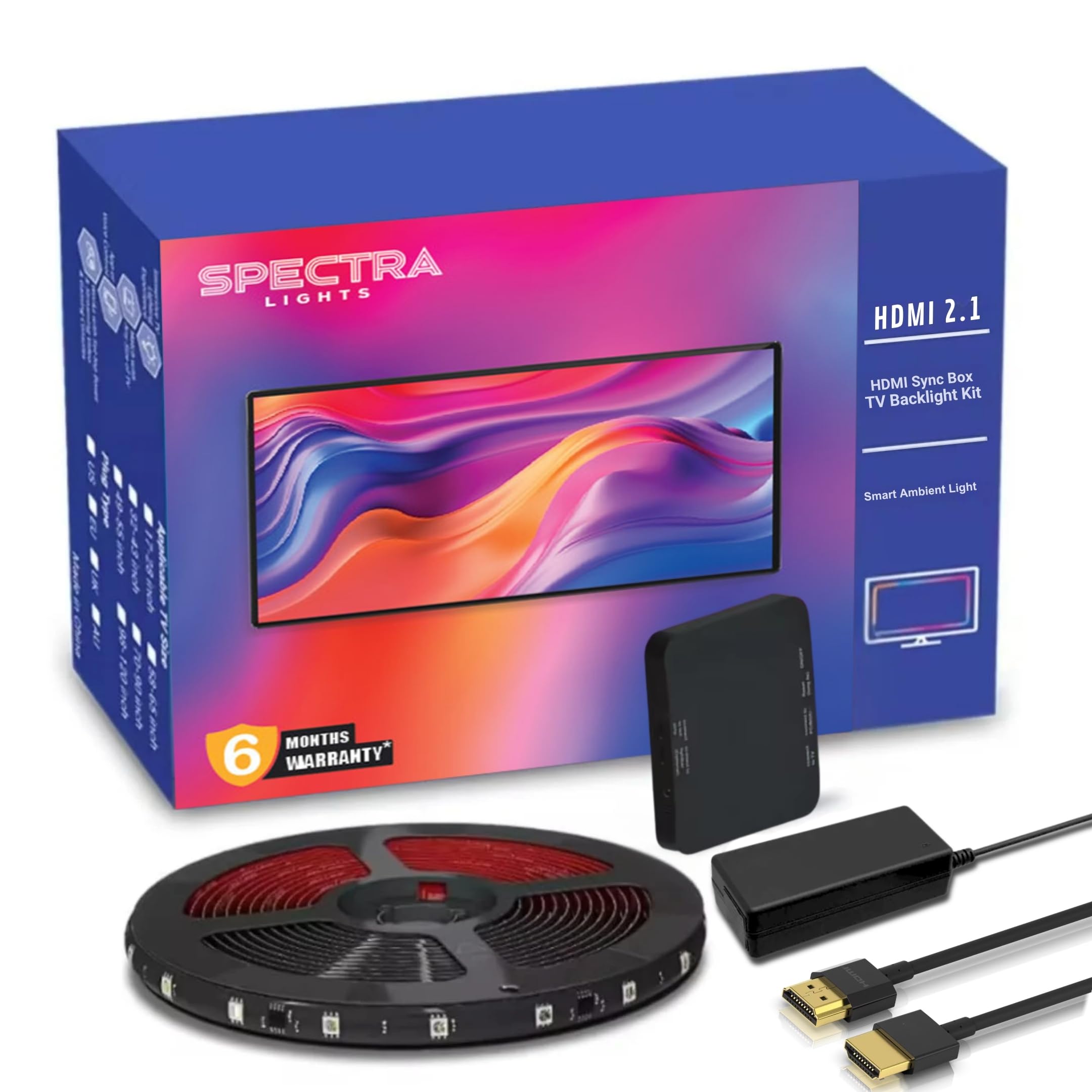 Spectra Lights HDMI Sync Box 2.1 TV Backlight Kit for 55-65 inch TV - Works with Google Assistant and Alexa. Enhance Your TV, Gaming, Music and Entertainment Experience. (55-65 inch TV)