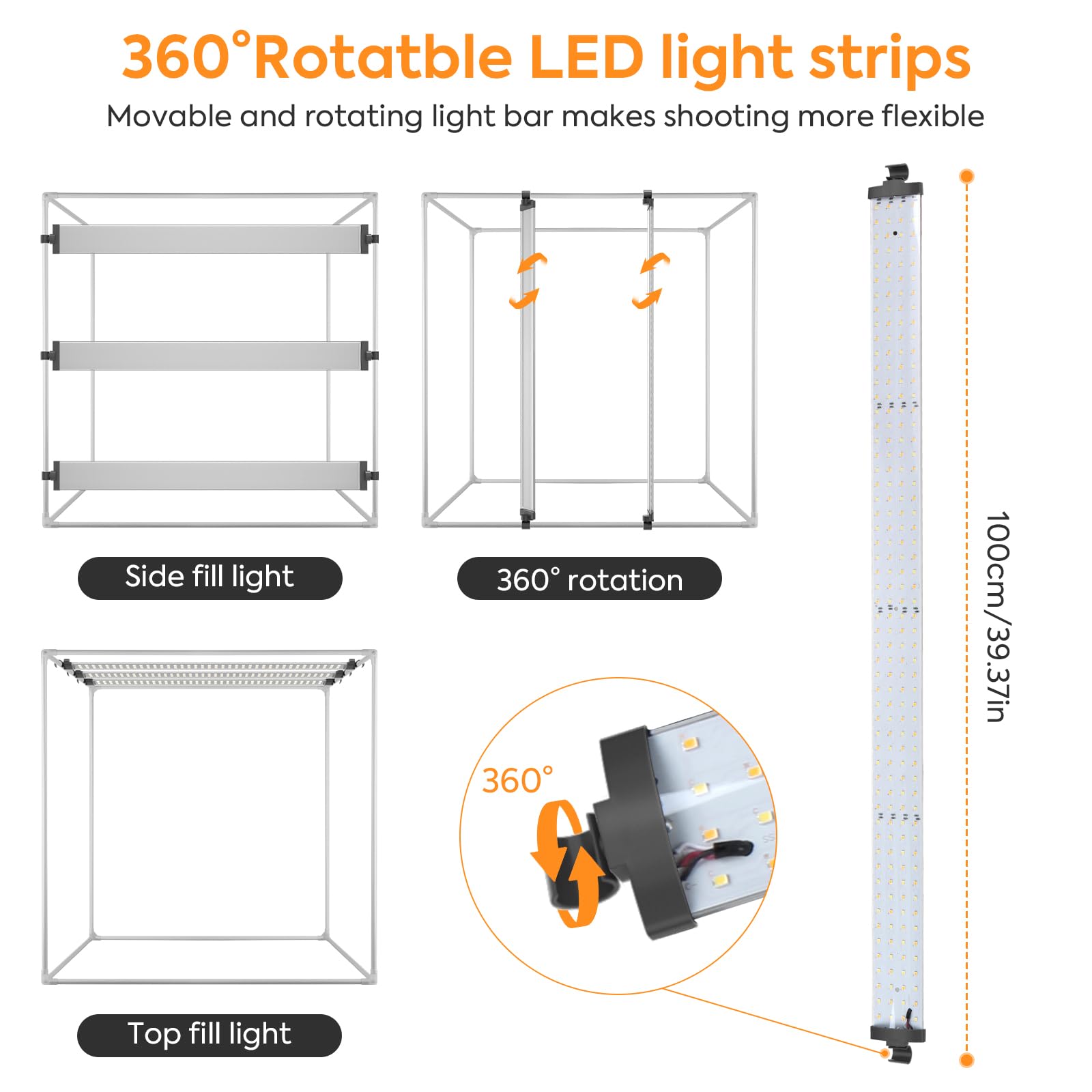 Boîte de studio photo, 99 x 99 x 99 cm, portable, pliable, tente de prise de vue avec lumières LED CRI95+ à intensité variable et 4 toiles de fond pour photographie de produits
