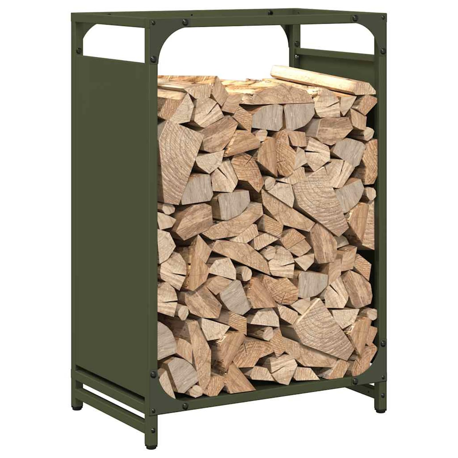 Brennholzregal aus kaltgewalztem Stahl, olivgrün – robustes Kaminholzhalter (44x28x65 cm, 60 kg Tragkraft) für trockenes, ordentliches Holzlagerung im Wohnzimmer, am Kamin oder im Gartenhaus