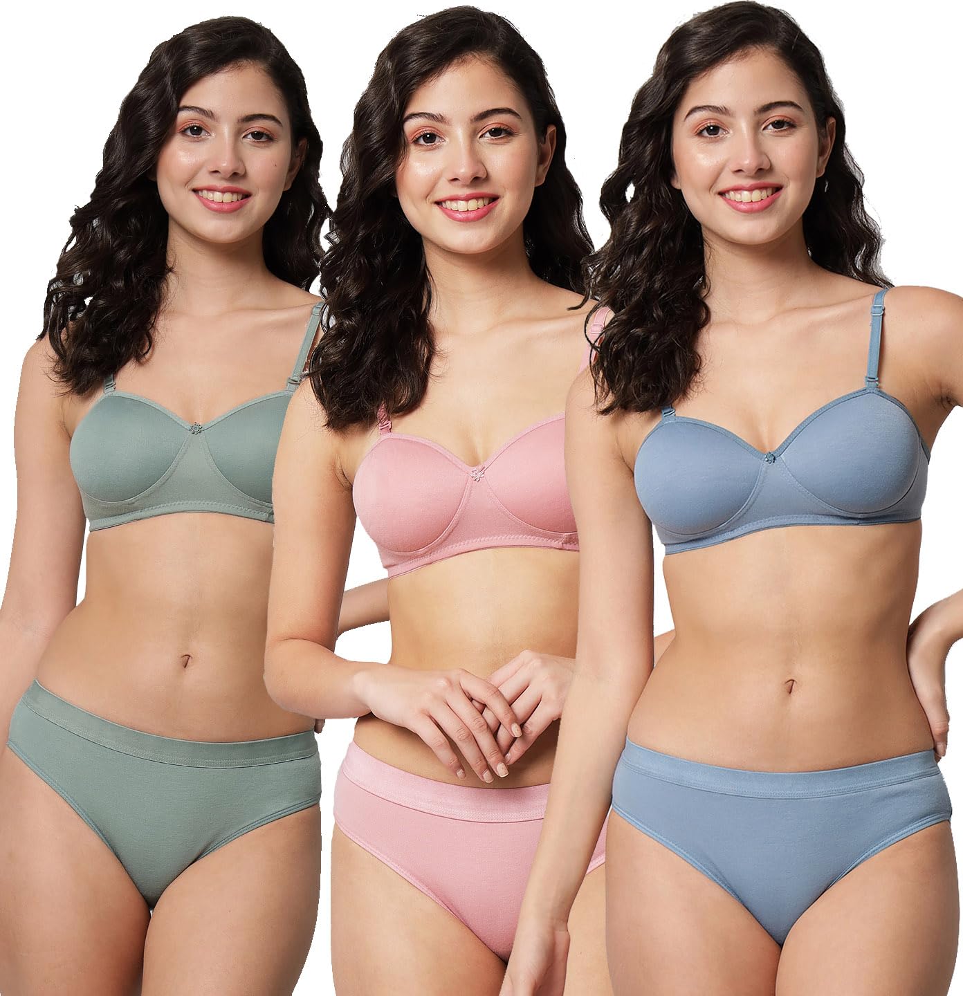 BRIELLEWomen's Lingerie Set with Full Coverage Padded Women Cotton Bra Panty Set Sexy Bra Panty Set Pack of 3 Sets