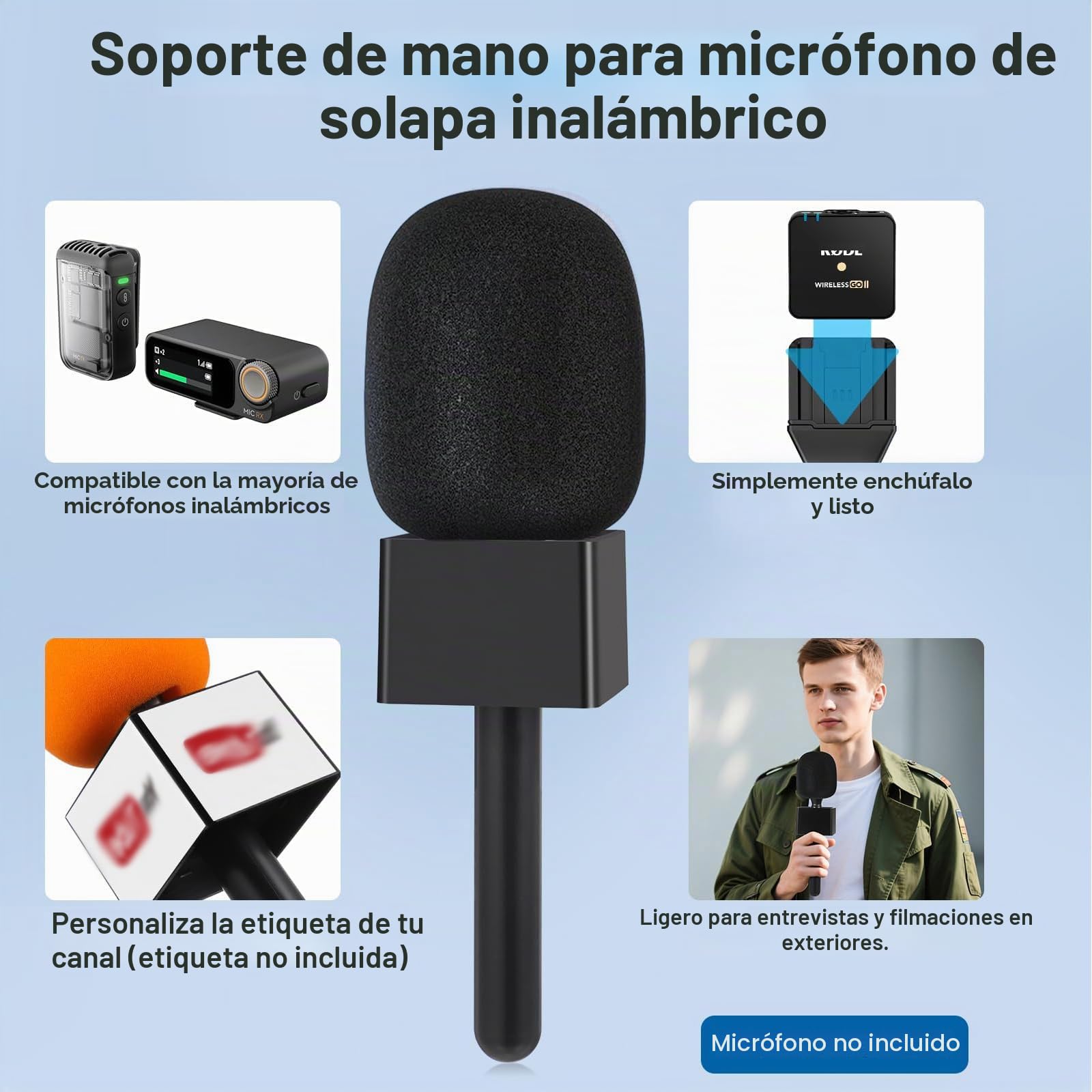 Soporte de Micrófono de Mano,Empuñadura Interview Antiviento Profesional para Vlogging, Streaming y Reportajes Exteriores – Compatibilidad Universal con Micrófonos de Solapa Inalámbricos