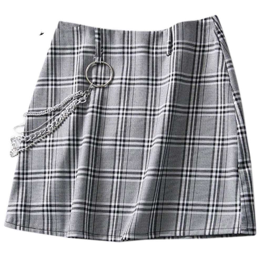 Falda Mujer Mini,Falda Acampanada De Cintura Alta Cadena De Metal A Cuadros Gris Verano Lindo Dulce Lápiz Bodycon Falda Corta con Cremallera para Niñas Damas Playa Fiesta De Vacaciones