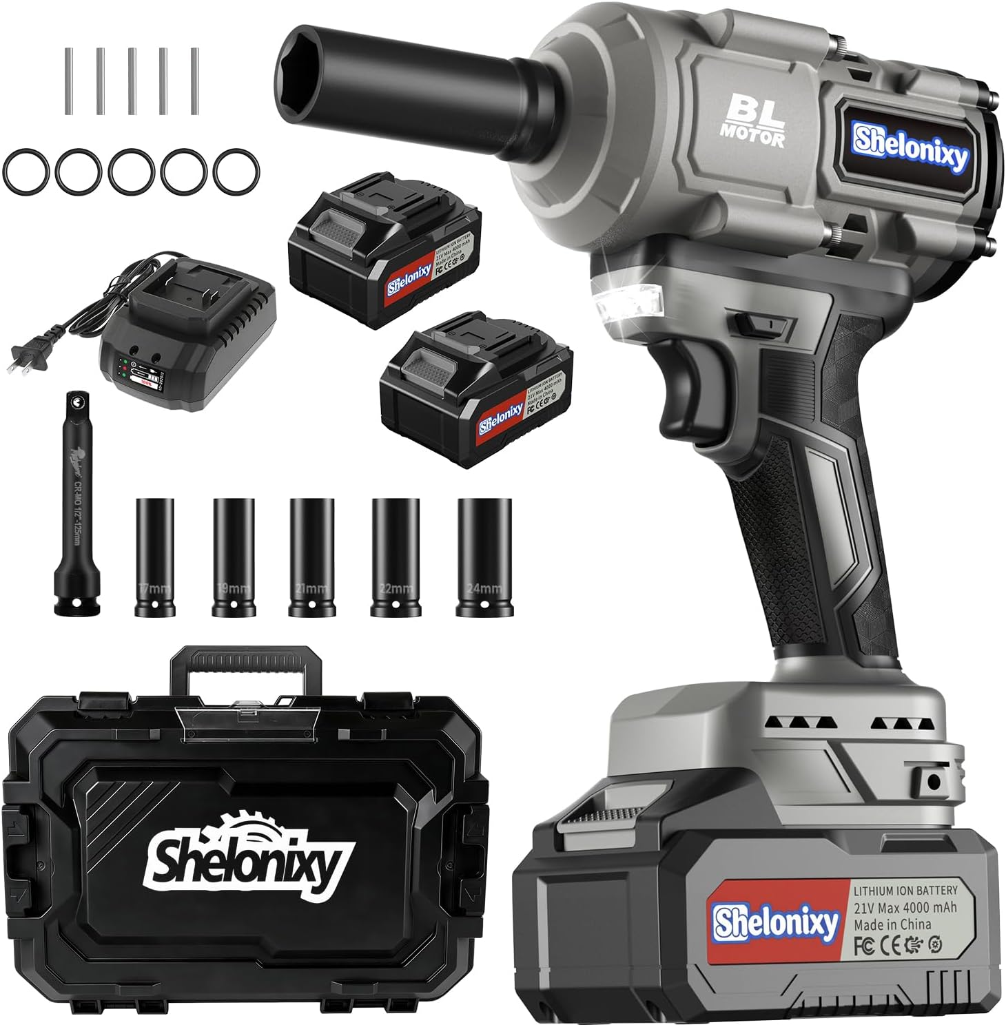 Cordless Impact Wrench 1/2 inch, impact wrench 1500N.m(1106ft-lbs), 1/2 electric impact wrench, impact gun, 2x21V 4.0Ah Batteries, 5 Sockets for Truck/SUV Repair & Garage DIY