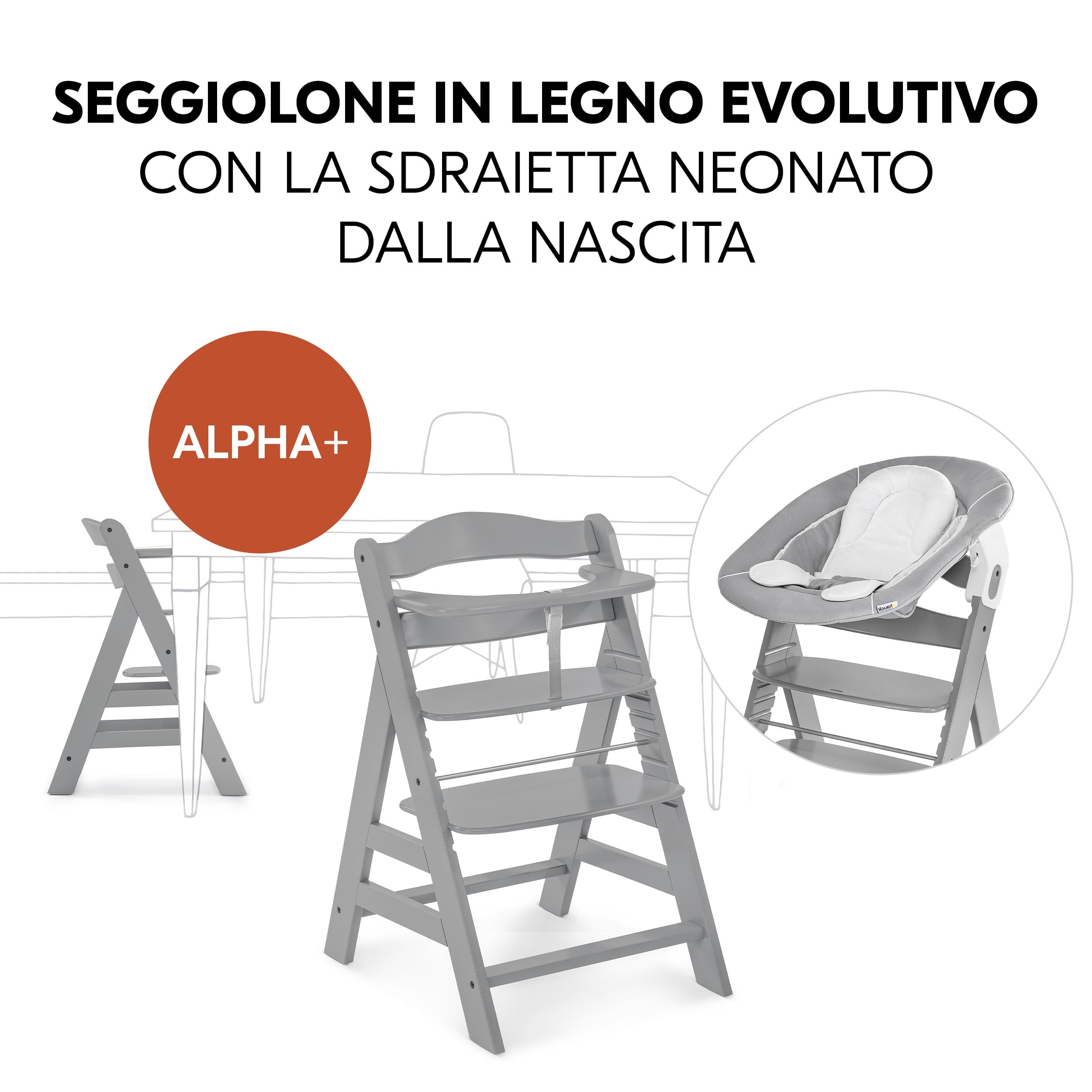 hauck Seggiolone Pappa Alpha Plus Set Newborn - Sediolone Pappa Bimbi In Legno, Evolutivo con Sdraietta Neonati Dondolo 2in1 e Cuscino - Grigio
