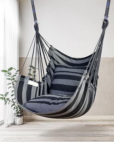 Miniatura 7 de Halalona Hamaca colgante hamaca silla columpio de cuerda 2 cojines incluidos, hamaca resistente y duradera de algodón suave tejida a mano para