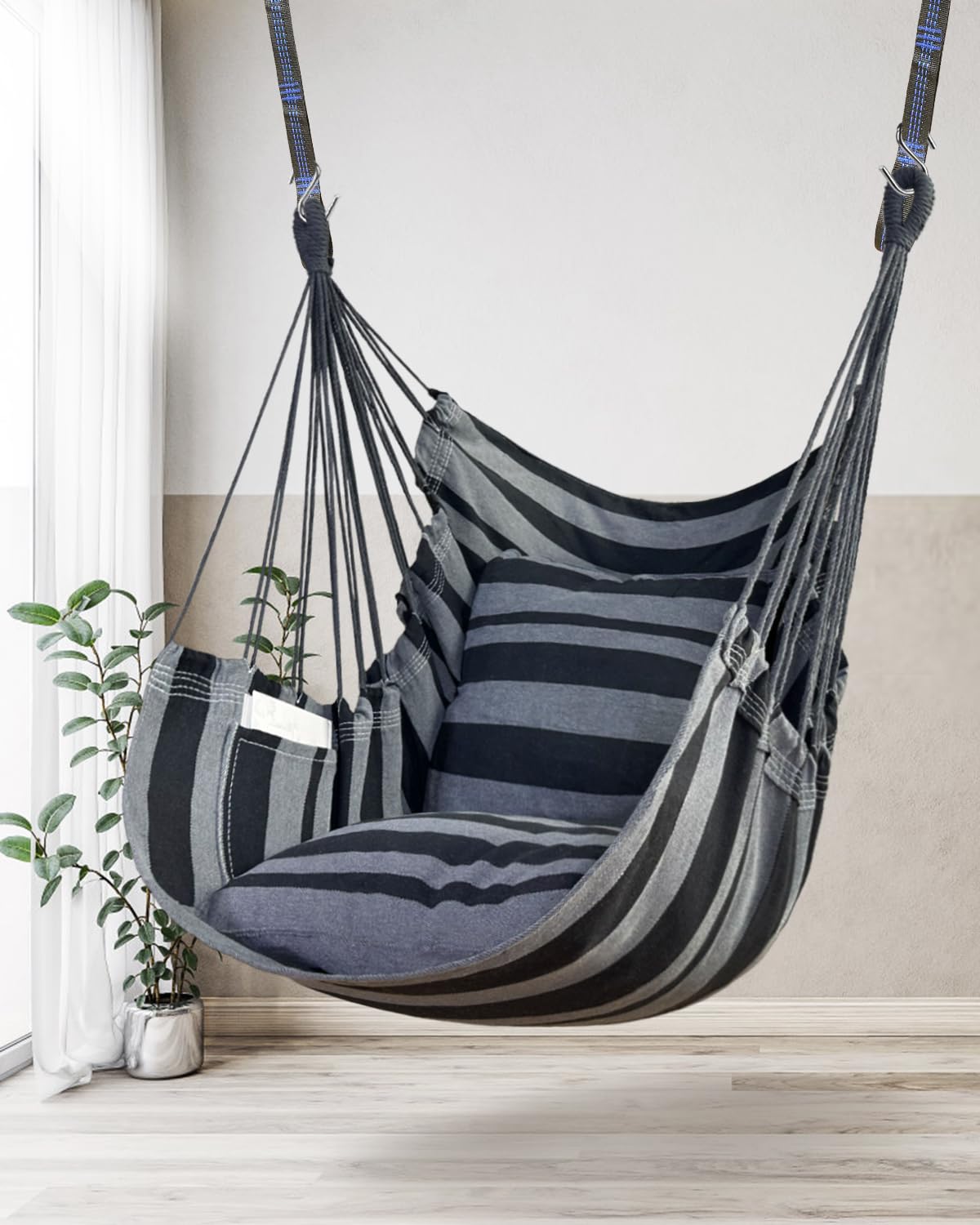 Hamaca colgante hamaca silla columpio de cuerda 2 cojines incluidos, hamaca resistente y duradera de algodón suave tejida a mano para dormitorio, porche, patio, interior/exterior 7