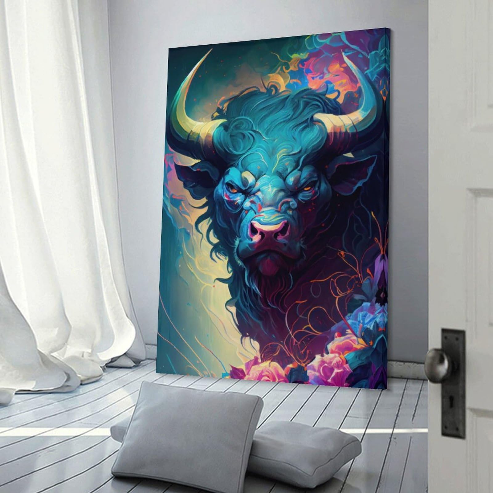 Junmoney Frame-The Blue Angry Bull Canvas Wall Decor The Blue Angry Bull, 24X36inch(60X90cm), For Living Room, Bedroom, Office Or Hallway, Decorative Artwork With Broad Appeal