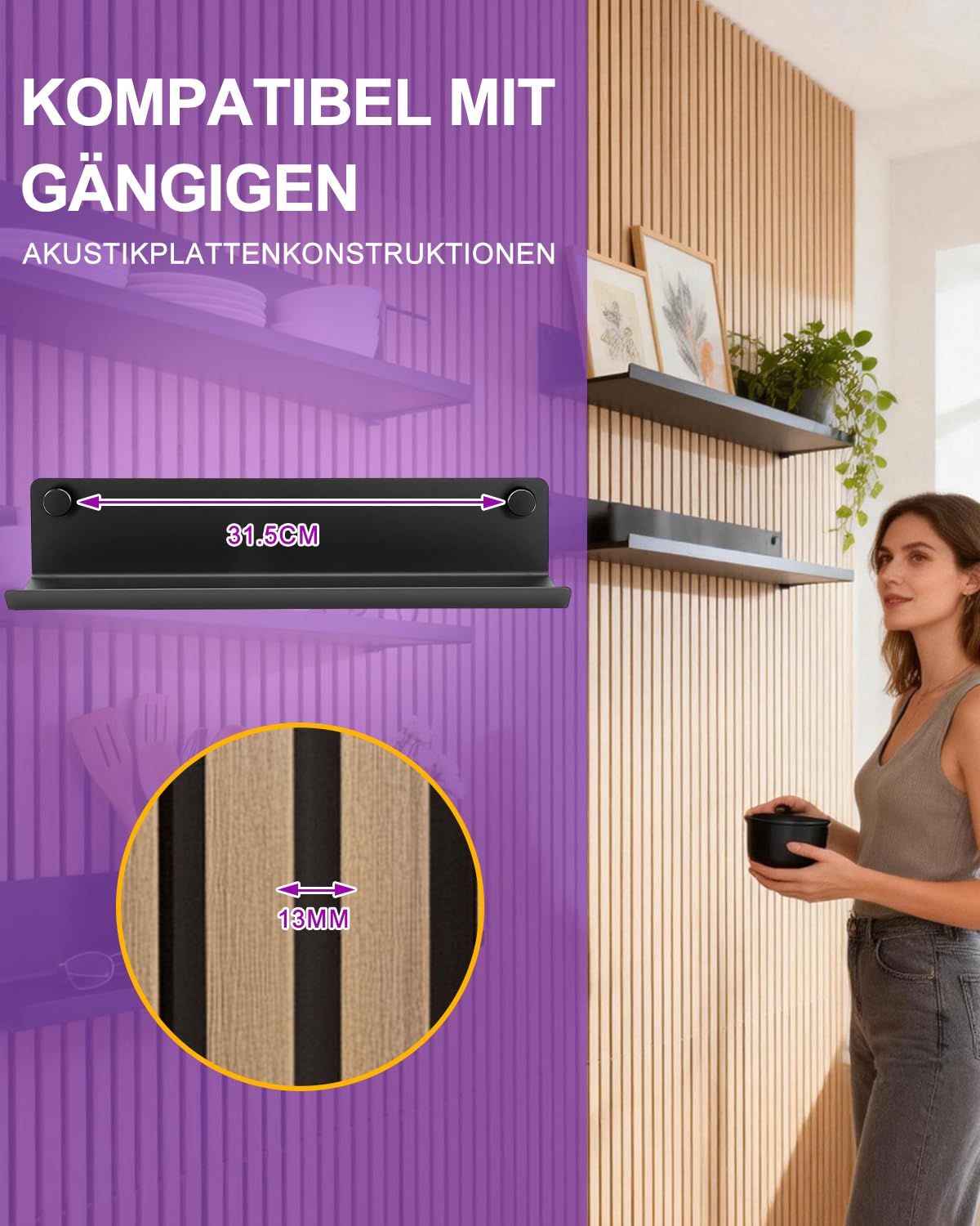 Haliya Regal für Akustikpaneele – 7,5x36 cm Wandregal ohne Bohren – Metall Schwarz matt – Zubehör für Akustikpaneele, Ablage für DIY Wandorganizer, Schweberegal für Wohnzimmer, Büro, Küche