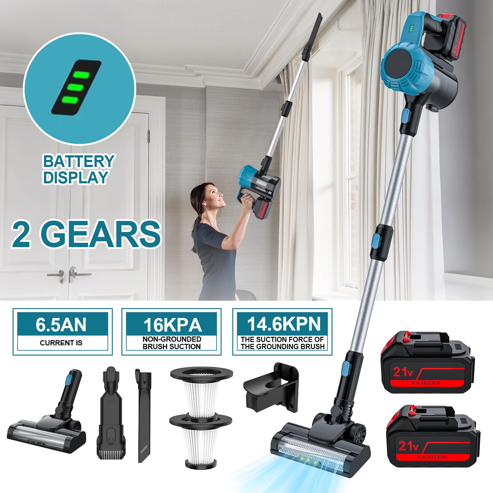 Aspirateur Balai Sans Fil avec 2 Batterie,0.8L 16KPa Aspirateur Balai