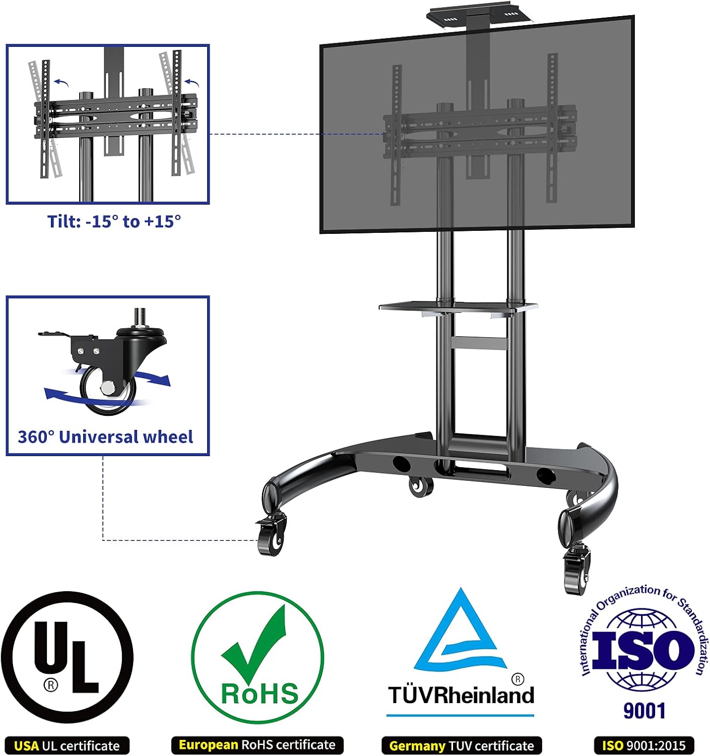 Mobile/Rolling TV Cart with Wheels for 32-70 Inch LCD LED Flat/Curved Screen TVs, UL Certificated Outdoor/Floor TV Stand, Height Adjustable TV Trolley with Shelf Up to 132 lbs Max VESA 600x400mm-TC005 : Office Products