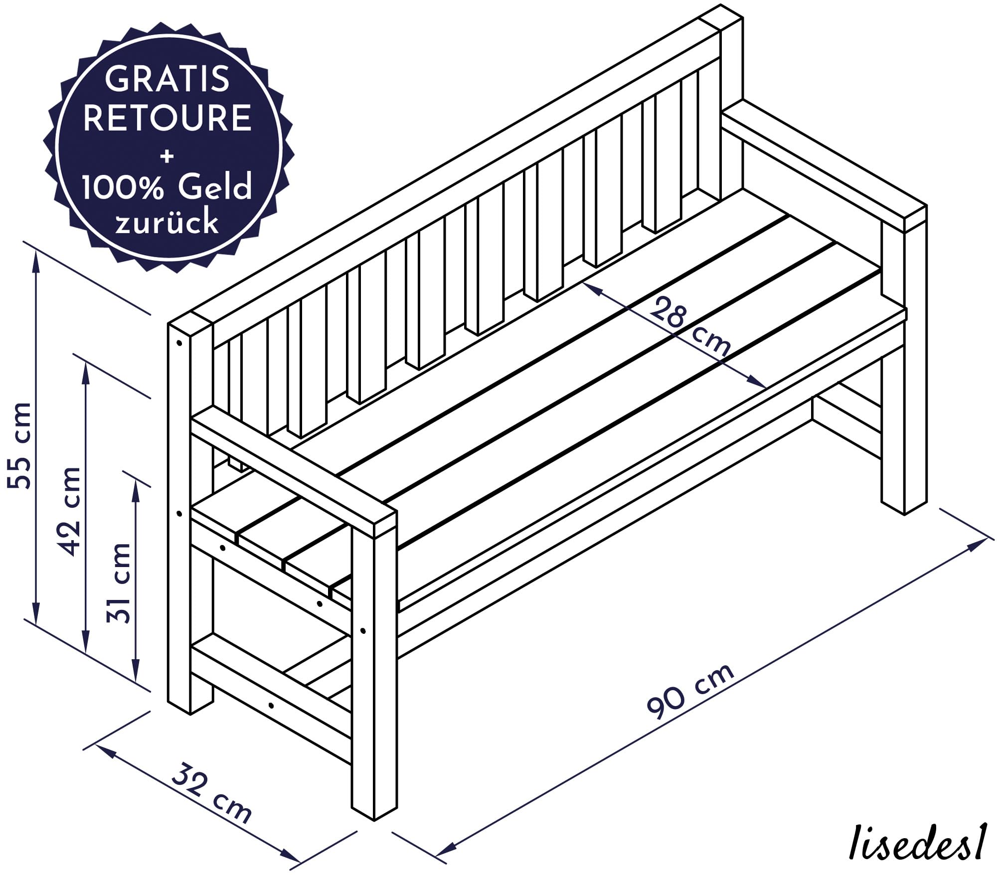 Design Kinder-Gartenbank aus Holz wetterfest mit Textil-Abdeckung und Lehne, 2-Sitzer Kinderbank Holzbank Parkbank Kinder Sitzbank massiv Garten Outdoor, Naturholz, weiß grau anthrazit