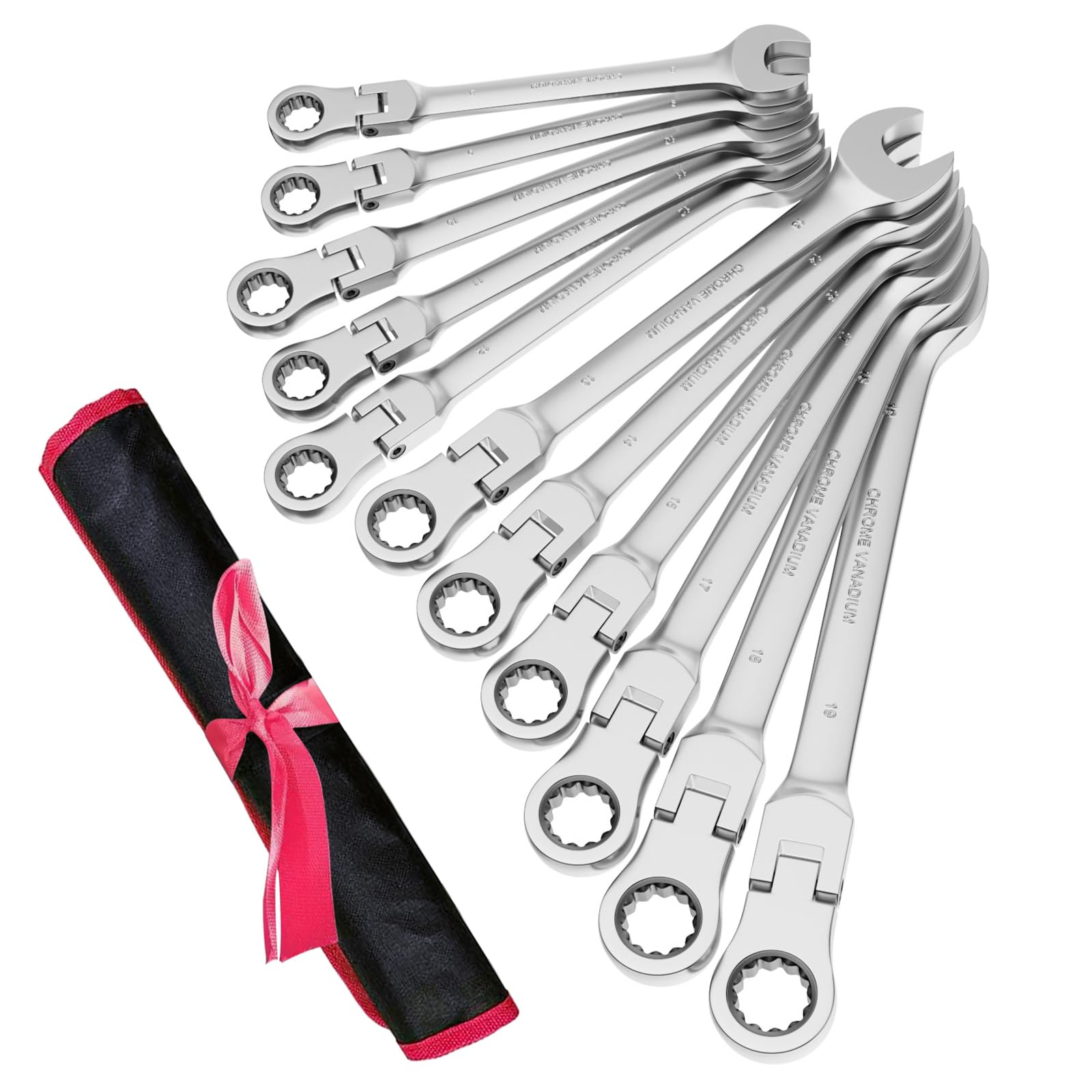 Anesty Lot de 11 clés mixtes à cliquet à tête flexible 72 dents métriques 8-19 mm en acier au chrome vanadium avec pochette de rangement, pour réparation de voiture, entretien industriel