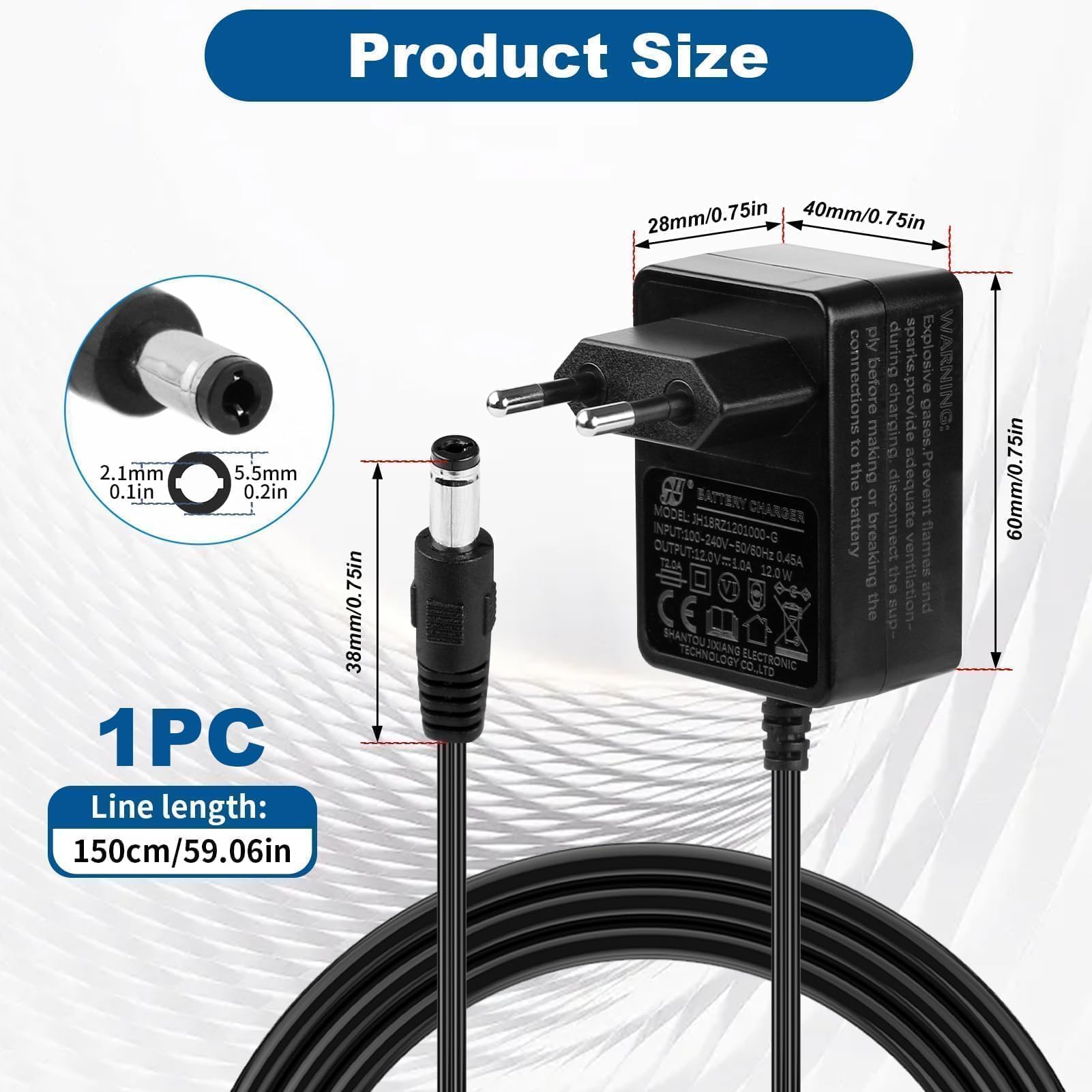12V 1A Cargador para Coches Eléctricos Niños, Adaptador de Corriente con Enchufe EU para Moto, SUV, ATV, Quad, Tractor y Otros Vehículos Eléctricos Infantiles de 12V 1000mA