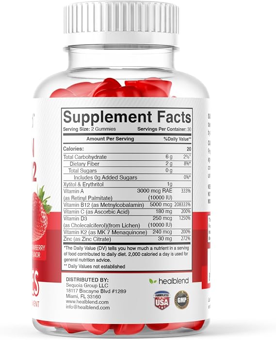 healblend Vitamin ADK + B12 Gummies - High Potency Vitamin D3 10000 IU, K2 MK-7, Vitamin A & B12 5000mcg - Immune, Bone & Energy Support Supplement - Strawberry Flavor, 60 Gummies (1)