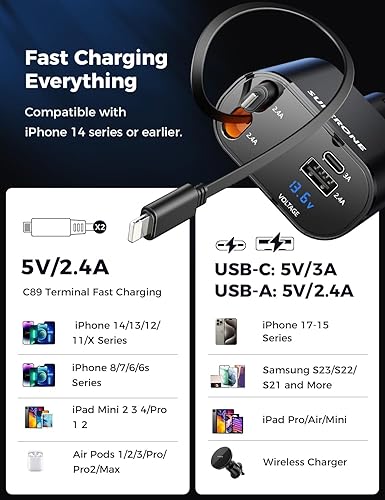 Miniatura 3 de SUPERONE Cargador de Coche 4 en 1 con Cables Apple Retráctiles, Cargador USB C para Coche Compatible con iPhone 17/16/15/14/13/12/11 Pro Max,