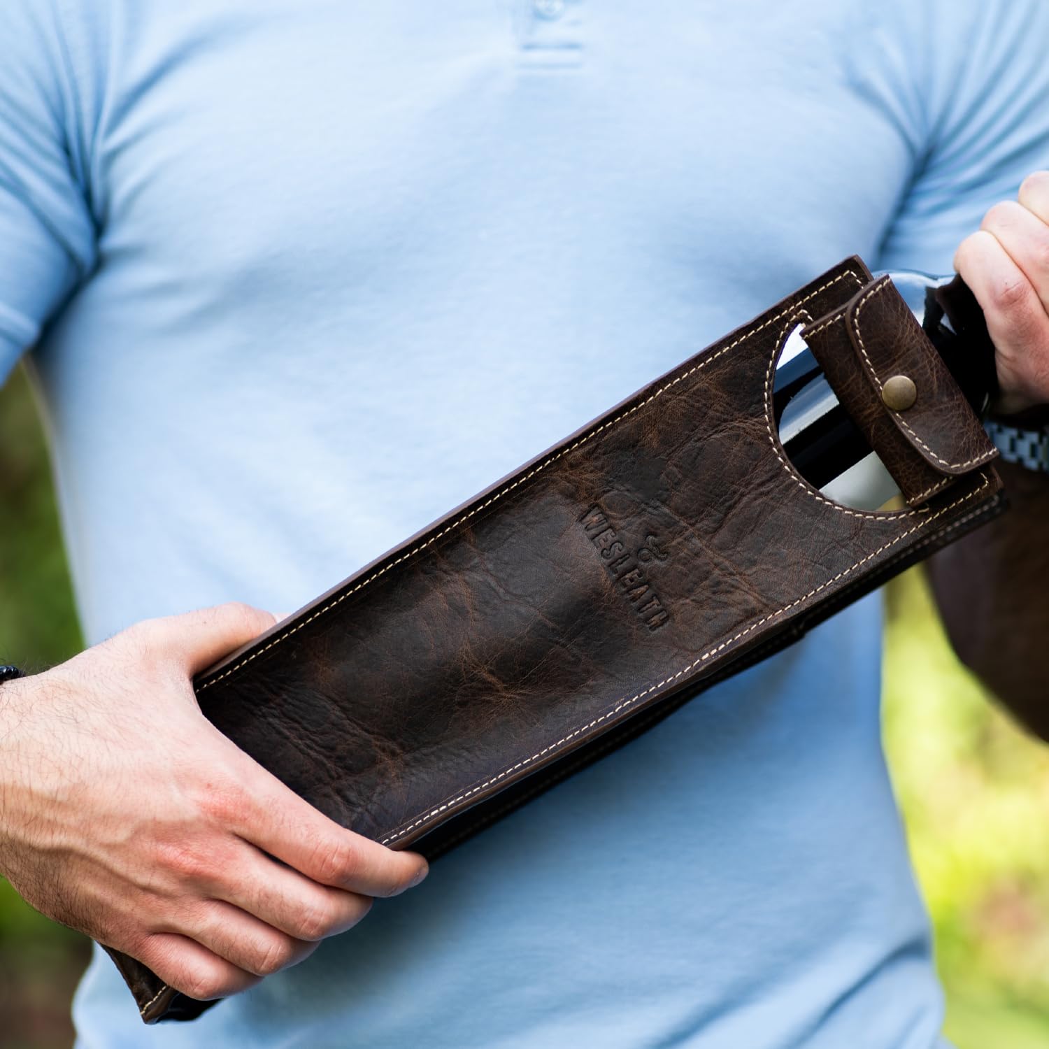Bolsa de cuero para vino | Bolsa de transporte de botella individual de alta calidad con asas fuertes, cuero de grano completo y hebilla de metal, soporte protector para picnic, bolsa de regalo de