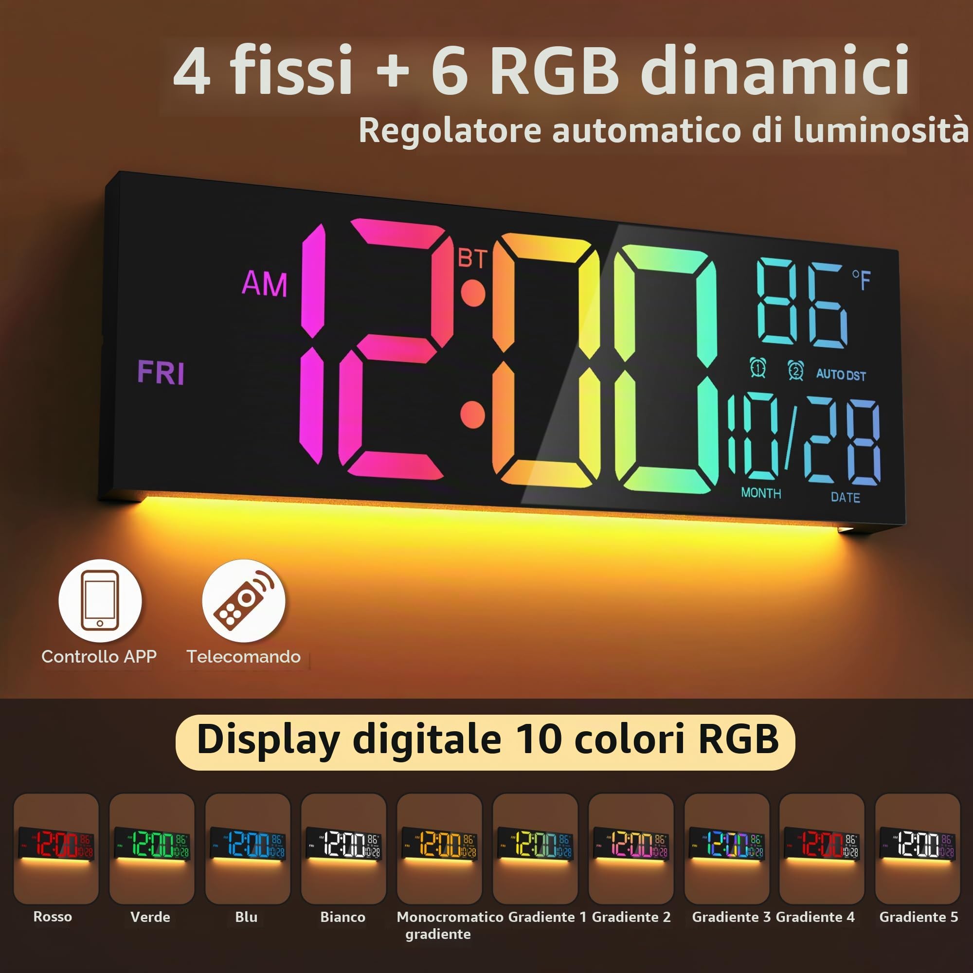 Orologio da Parete Digitale 16,5" con Bluetooth, Luce Notturna, Dimerabile, 2 Allarmi, Temperatura, Colori RGB, Telecomando, 12/24H, Timer – Salotto, Ufficio, Anziani
