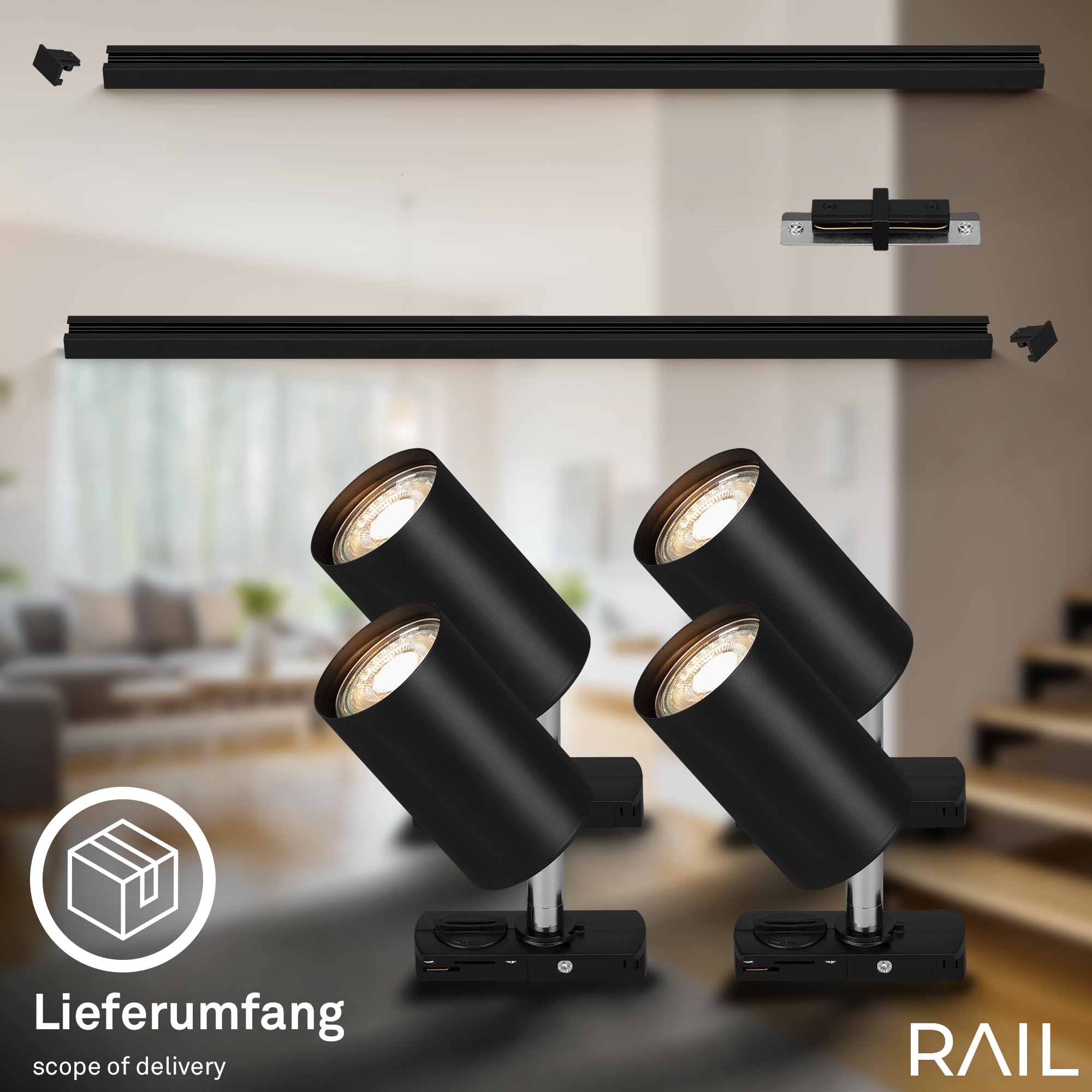 BRILONER - Sistema de rieles, 4x proyectores GU10 orientables, extensible, sistema de iluminación de rieles, riel para proyectores, lámpara de techo, lámpara de techo, proyector, 1,5 m, negro