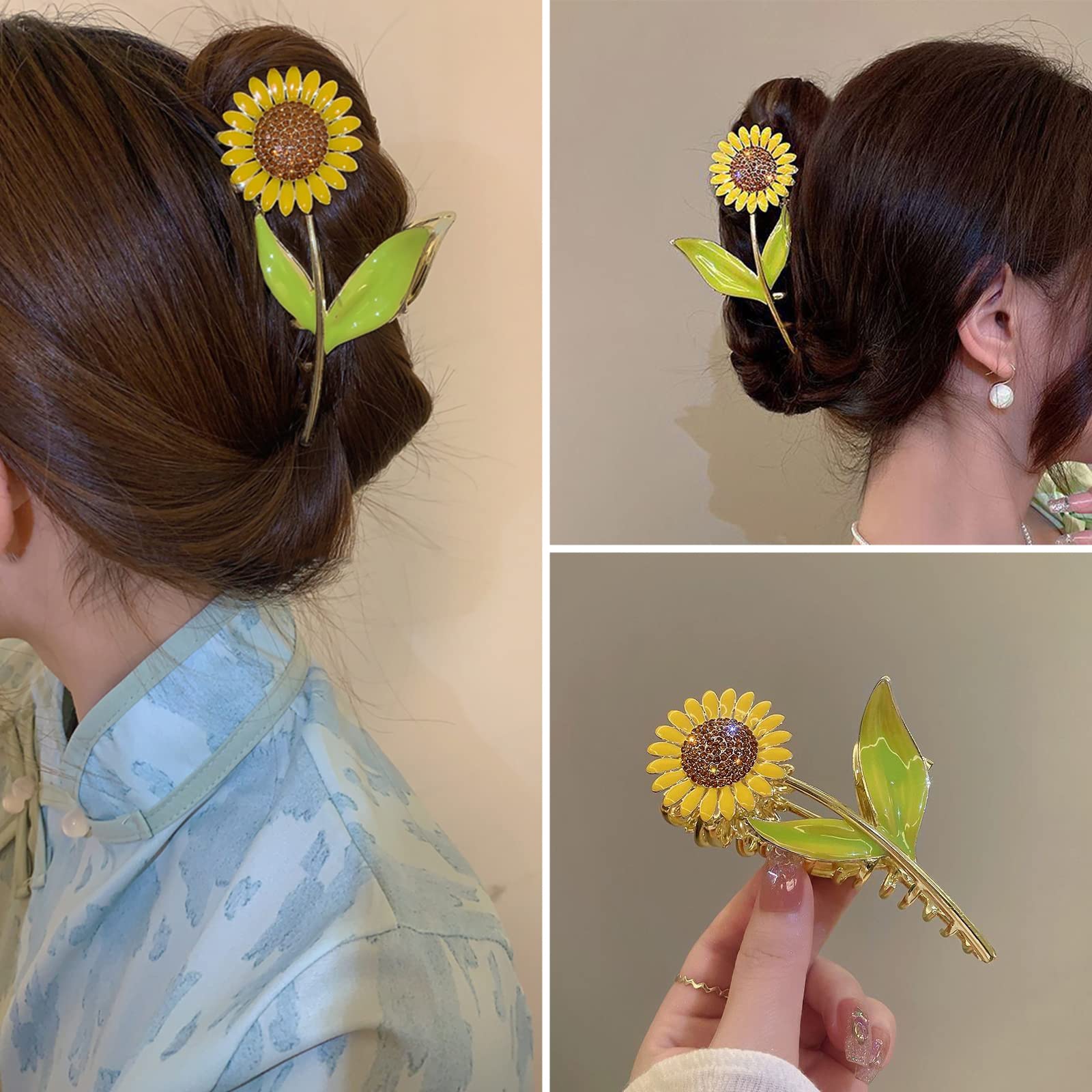 Large Metal Flower Claw Clip With Rhinestones - Sunflower  display picture 1