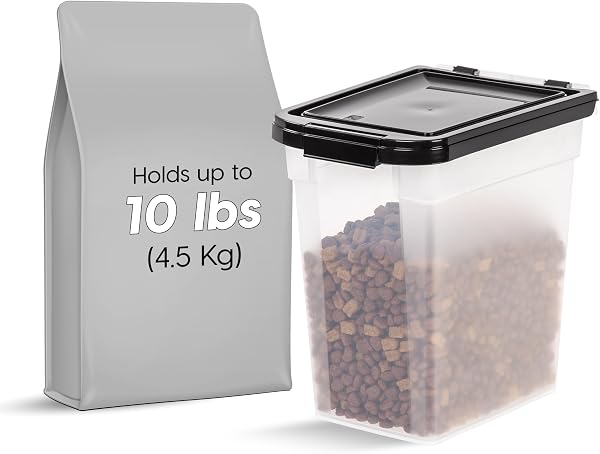 Close-up of the IRIS USA Airtight Dog Food Storage Container's latch mechanism, highlighting its design.