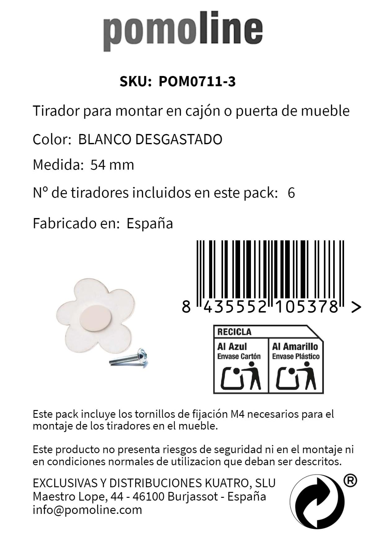 6 Un. Pomo TIRADOR Mueble BEBÉ flor madera blanco SHABBY CHIC 54x52MM para cajón cómoda y armario