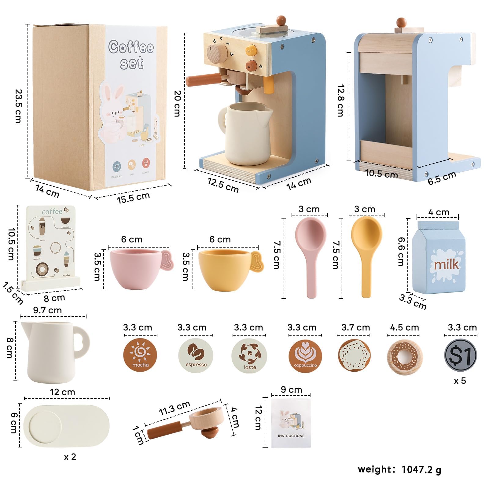 Kaffeemaschine Kinder mit Mühle, Siebträger, Kaffeehaus 22-Teilig HolzSpielzeugset, Espressomaschine Imitation Barista Kinder, Geeignet für Kleinkinder ab 3 Jahren