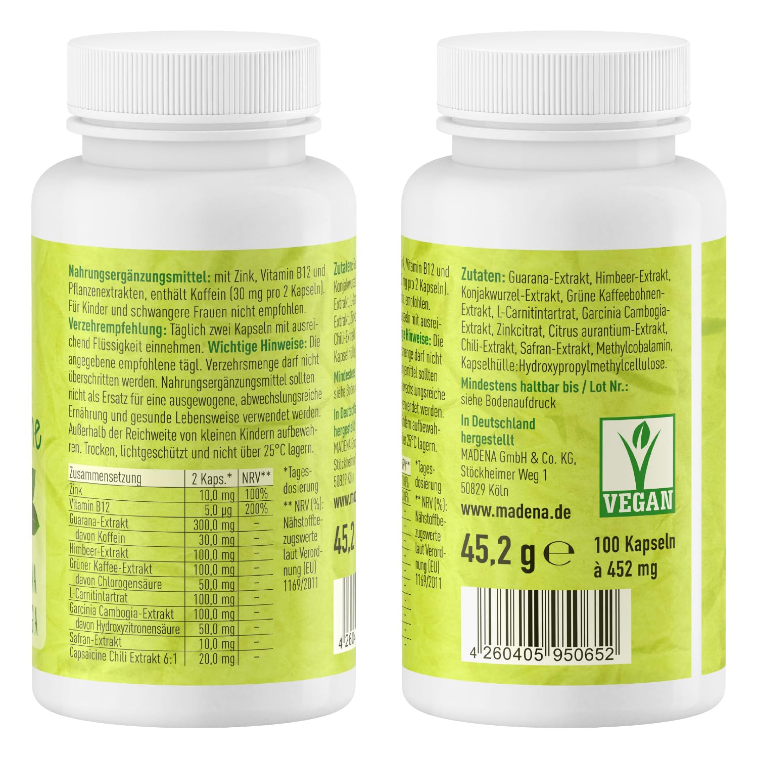MADENA Grüne Flamme | hochdosiert in Apothekenqualität | Grüner Kaffee Extrakt Guarana Konjakwurzel Garcinia Cambogia + Chili Extrakt L-Carnitin 100 Kaps.