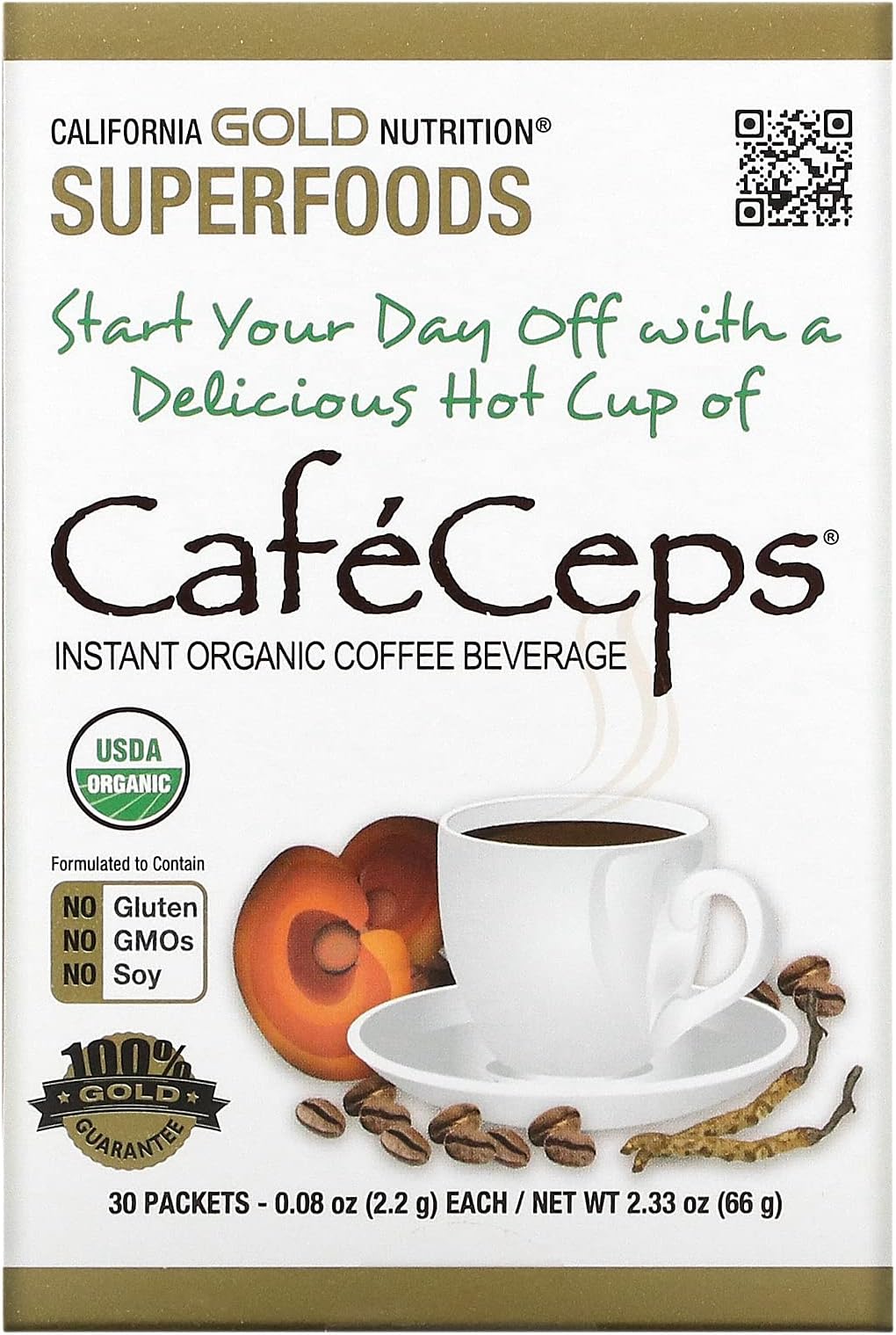 CafeCeps, Certified Organic Instant Coffee with Cordyceps, and Reishi Mushroom Powder, 30 Packets, 0.08 oz (2.2 g) Each