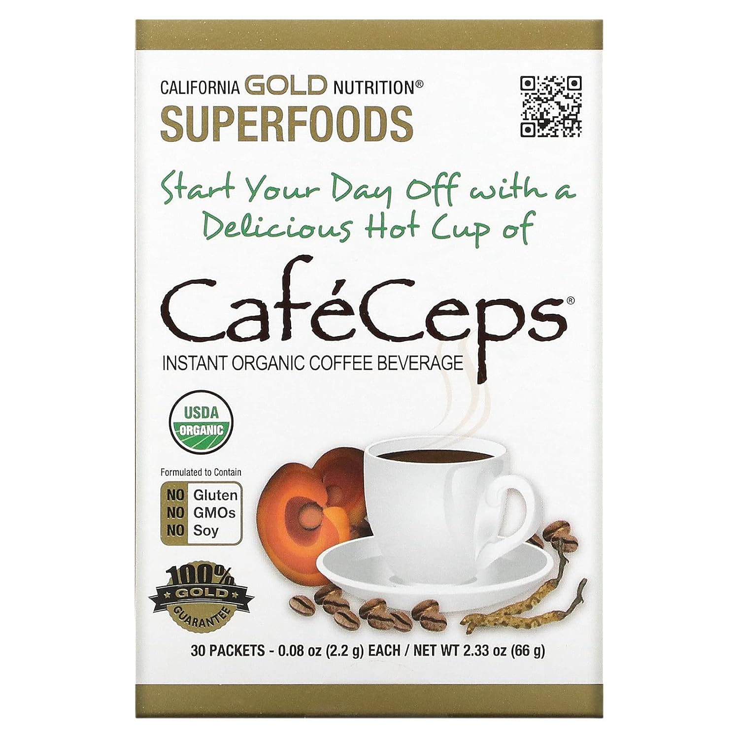 California Gold Nutrition CafeCeps, Certified Organic Instant Coffee with Cordyceps, and Reishi Mushroom Powder, 30 Packets, 0.08 oz (2.2 g) Each