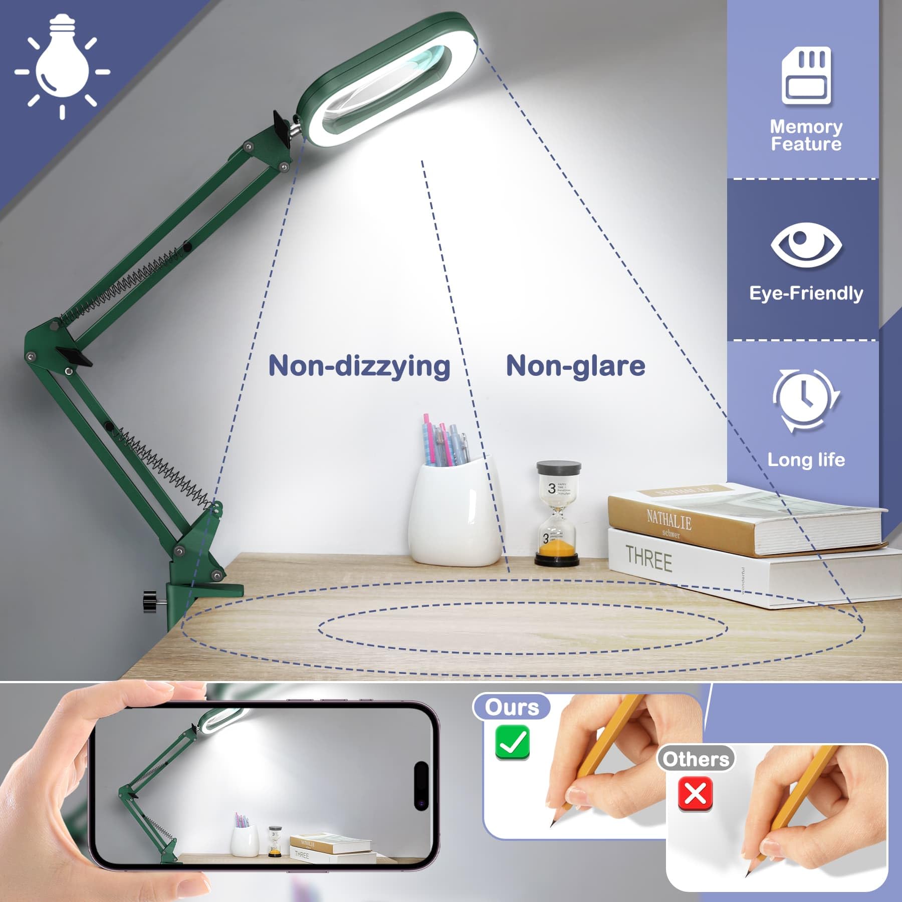 Lupa cuadrada de 10 aumentos con luz y abrazadera, lupa y soporte de cristal real, 5 modos de color regulable, lámpara de escritorio manos libres con abrazadera para leer, manualidades, pasatiempos