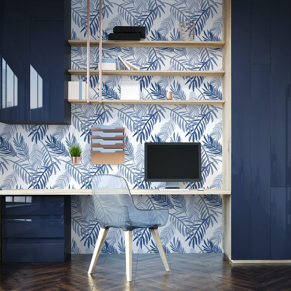 Flipside Blue Palm Leaves Peel and Stick Removable Wallpaper - Each Roll is 18 ft. Long x 18 in. Wide - Safe for Walls - Easy to Apply & Easy to Remove