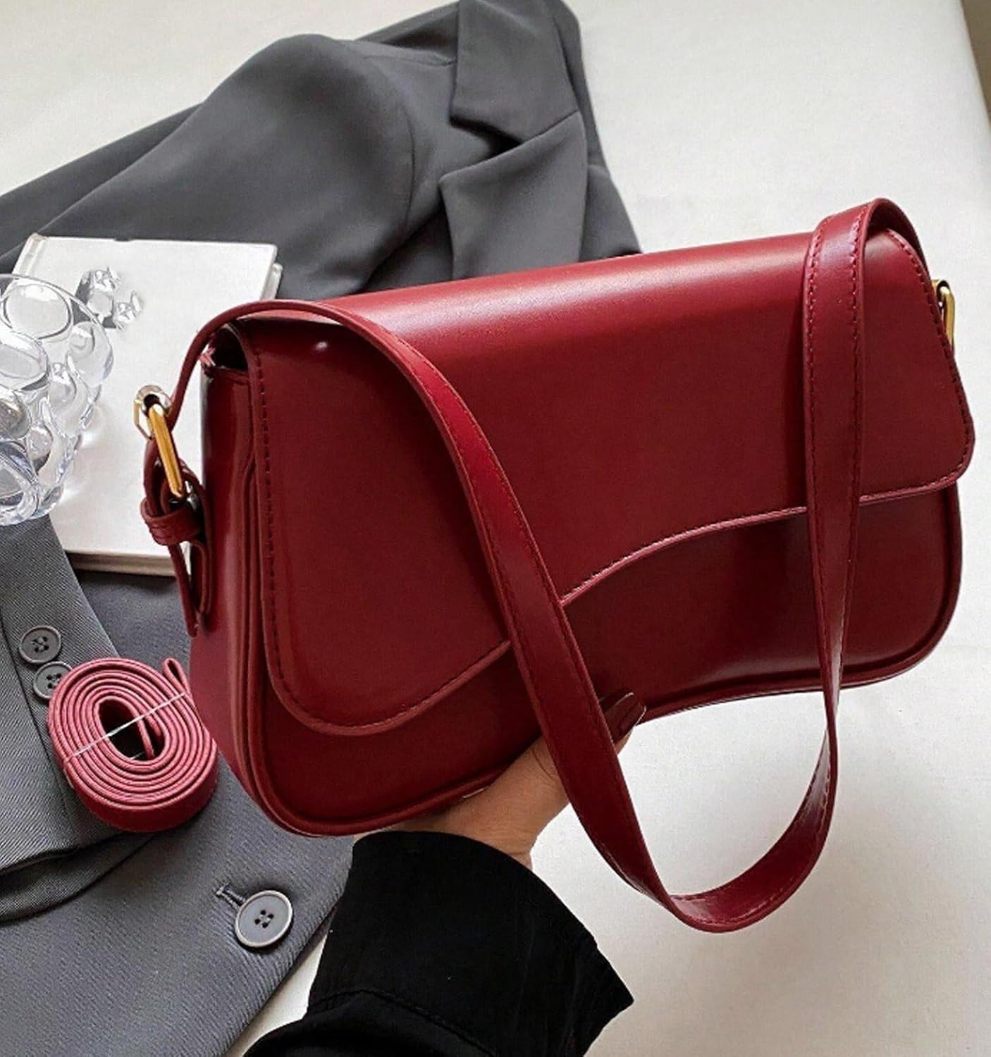 Shoulder Bag for Women Y2K Trendy Purse Vegan Leather Hobo Handbags Clutch Saddle Bag with 2 Removable Strap - Image 5